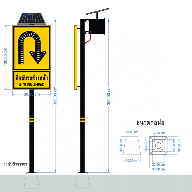 ป้ายเตือนจุดกลับรถข้างหน้า พลังงานแสงอาทิตย์ รหัสสินค้า GSC001