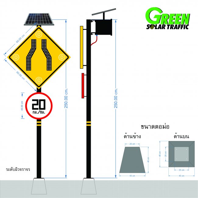 ป้ายเตือนข้างหน้าทางแคบ จำกัดความเร็ว20กม./ชม. พลังงานแสงอาทิตย์
